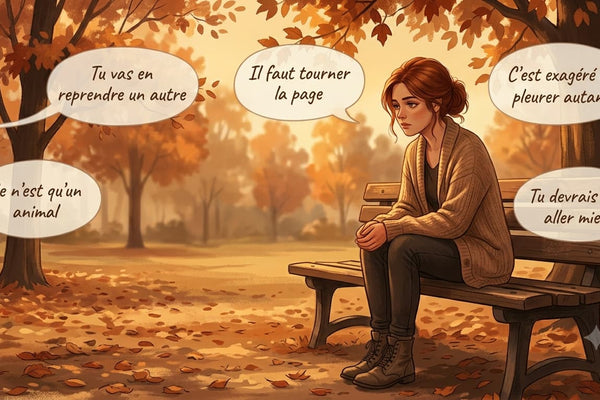 Femme entourée de bulles de dialogue blessantes après la perte de son animal de compagnie accompagnée par hypnose à Pézenas