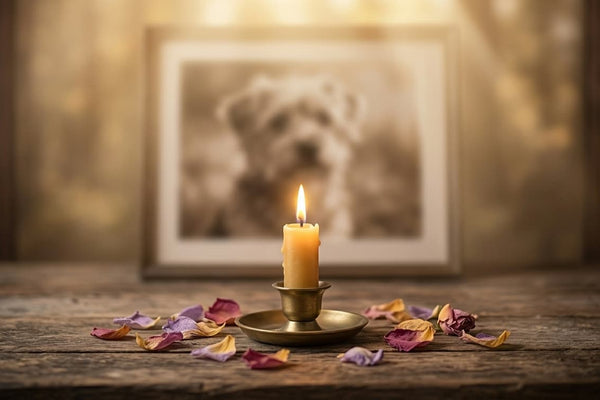 Photo d'animal avec bougie symbolisant la culpabilité après euthanasie et le deuil animal accompagné par hypnose
