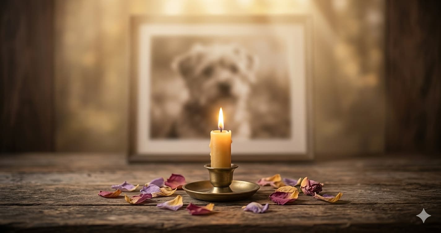 Photo d'animal avec bougie symbolisant la culpabilité après euthanasie et le deuil animal accompagné par hypnose