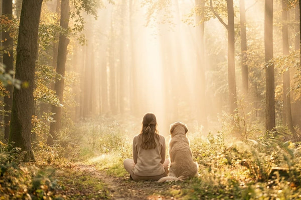 Femme et son chien dans une forêt lumineuse symbolisant le deuil animal et l'accompagnement hypnose à Pézenas