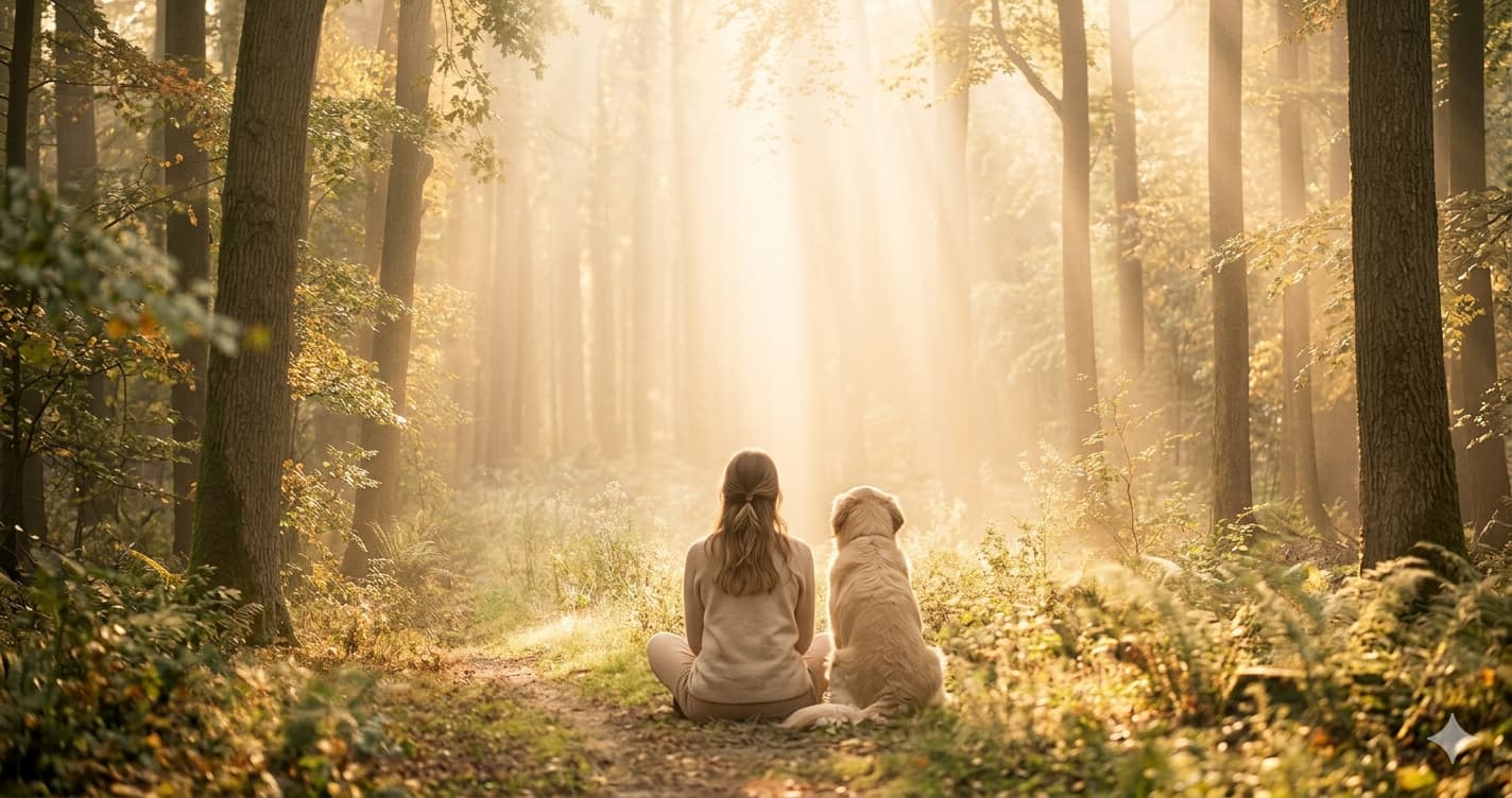Femme et son chien dans une forêt lumineuse symbolisant le deuil animal et l'accompagnement hypnose à Pézenas