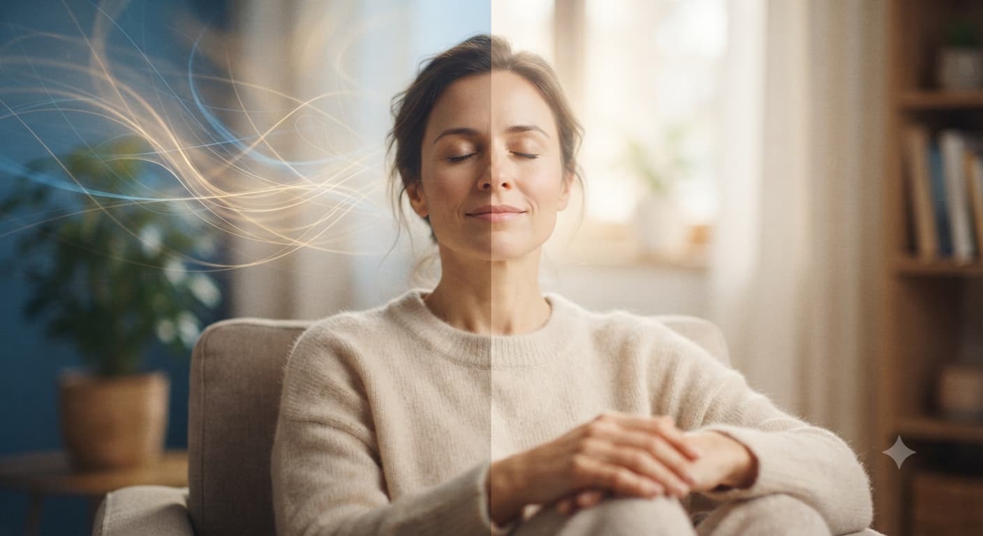 Femme détendue en séance d'hypnothérapie pour la gestion du stress et de l'anxiété à Tourbes