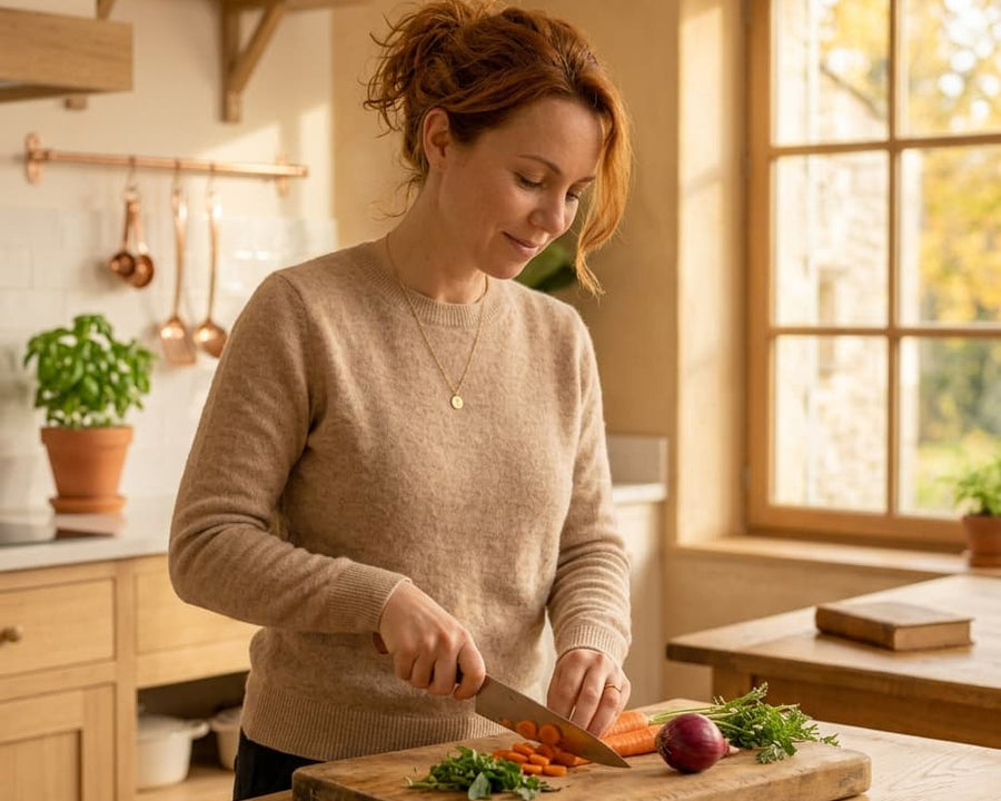 Femme cuisinant sainement pour retrouver un équilibre avec l'hypnose à Pézenas