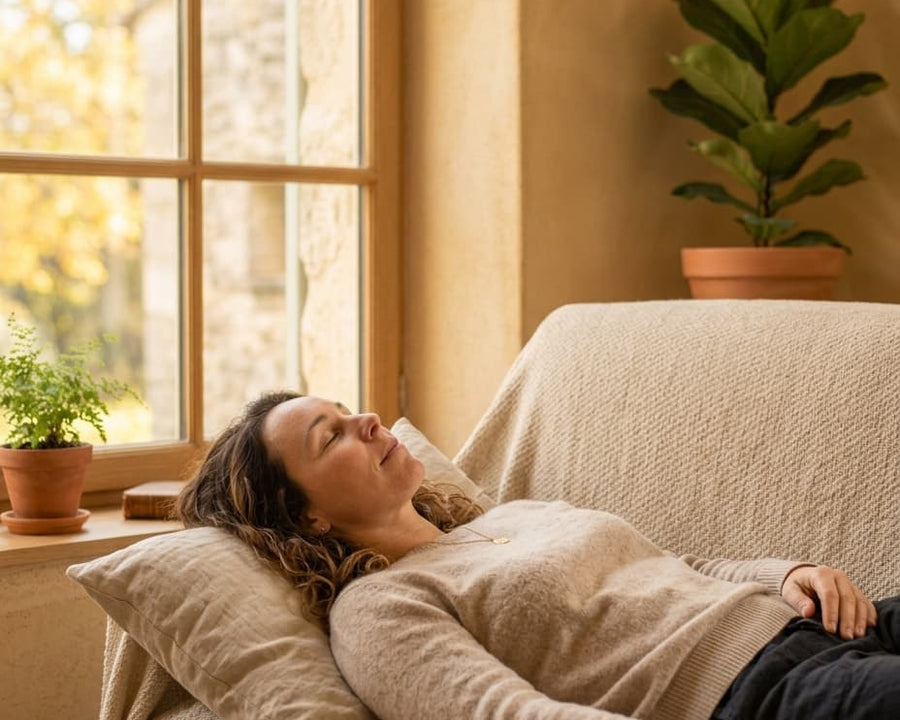 Femme apaisée regardant par la fenêtre après une séance d'hypnose pour états de relaxation à Pézenas